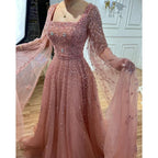 Muslim Pink Beaded A-Line Square Collar Luxury Dubai Evening Dress Gown LA71803A