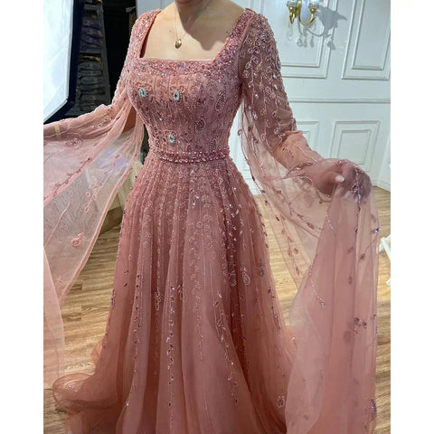 Muslim Pink Beaded A-Line Square Collar Luxury Dubai Evening Dress Gown LA71803A