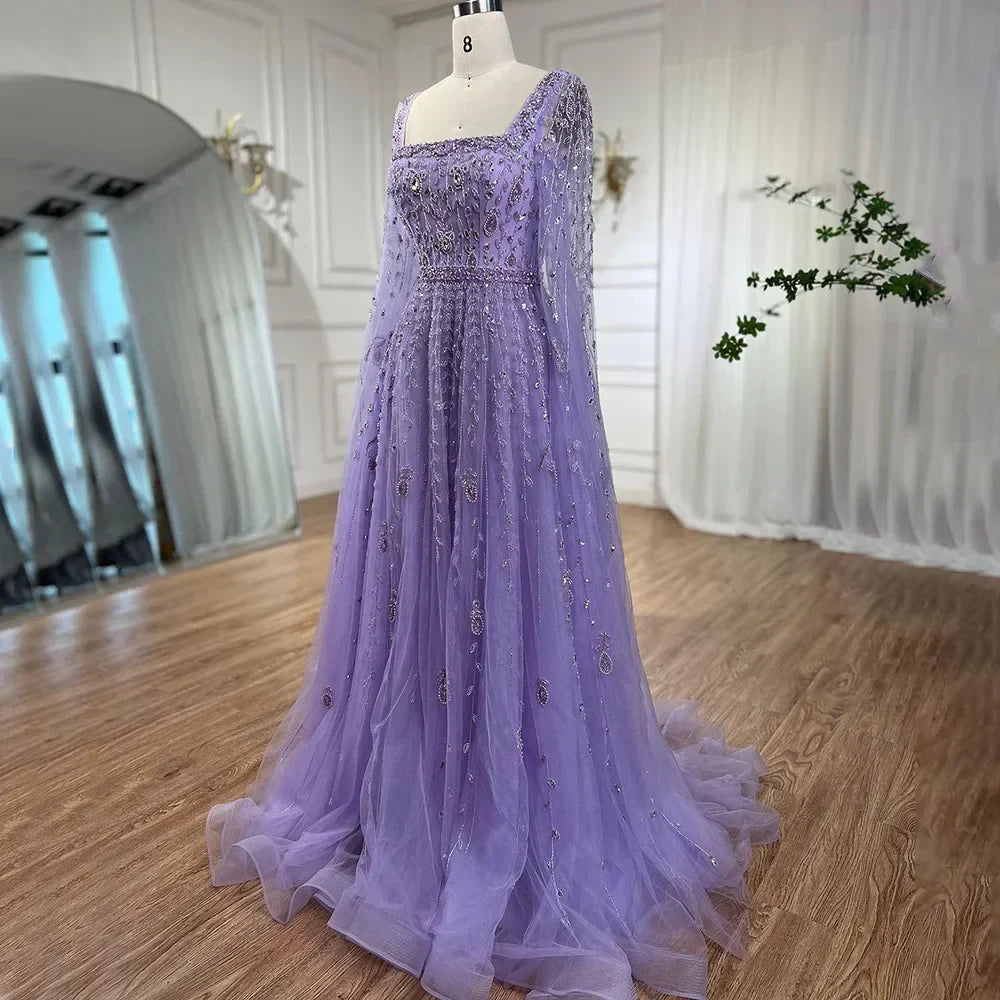 Muslim Pink Beaded A-Line Square Collar Luxury Dubai Evening Dress Gown LA71803A