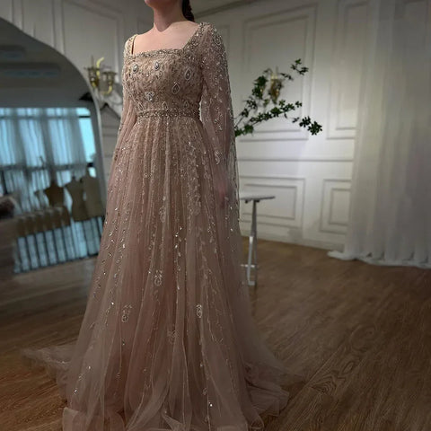 Muslim Pink Beaded A-Line Square Collar Luxury Dubai Evening Dress Gown LA71803A