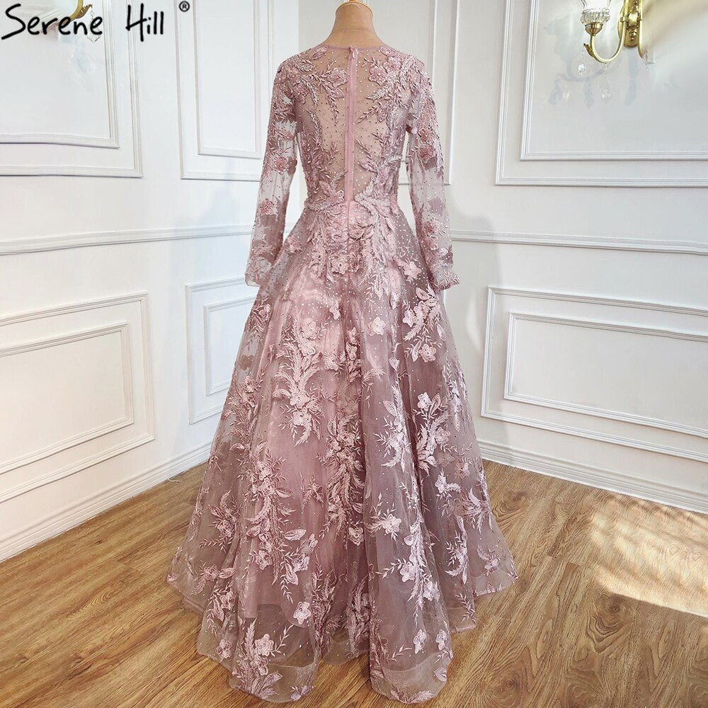 Muslim Pink Beaded Lace A-Line Luxury Long  Crystal Evening Dresses  Formal Gowns For Women Party 2025 LA70708