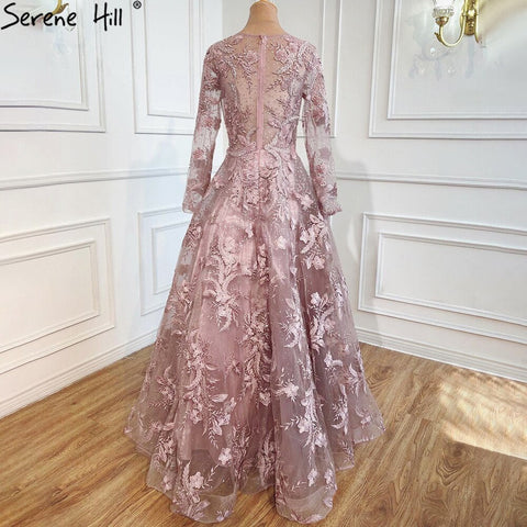 Muslim Pink Beaded Lace A-Line Luxury Long  Crystal Evening Dresses  Formal Gowns For Women Party 2025 LA70708