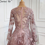 Muslim Pink Beaded Lace A-Line Luxury Long  Crystal Evening Dresses  Formal Gowns For Women Party 2025 LA70708