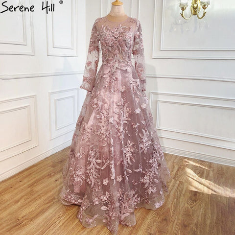 Muslim Pink Beaded Lace A-Line Luxury Long  Crystal Evening Dresses  Formal Gowns For Women Party 2025 LA70708