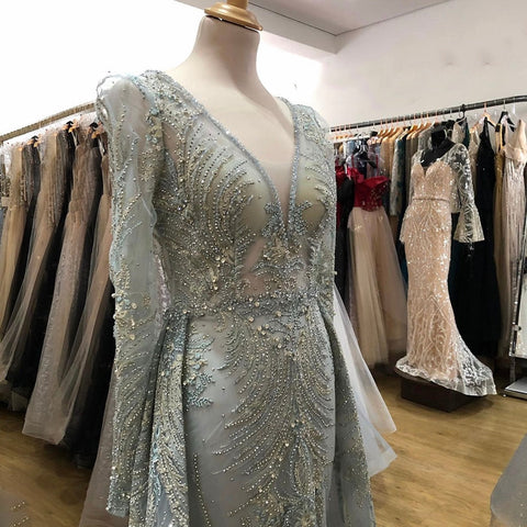 Muslim Pink  Elegant  Mermaid Overskirt Luxury Beaded Evening Dresses Gowns 2025  For Woman Party LA71572