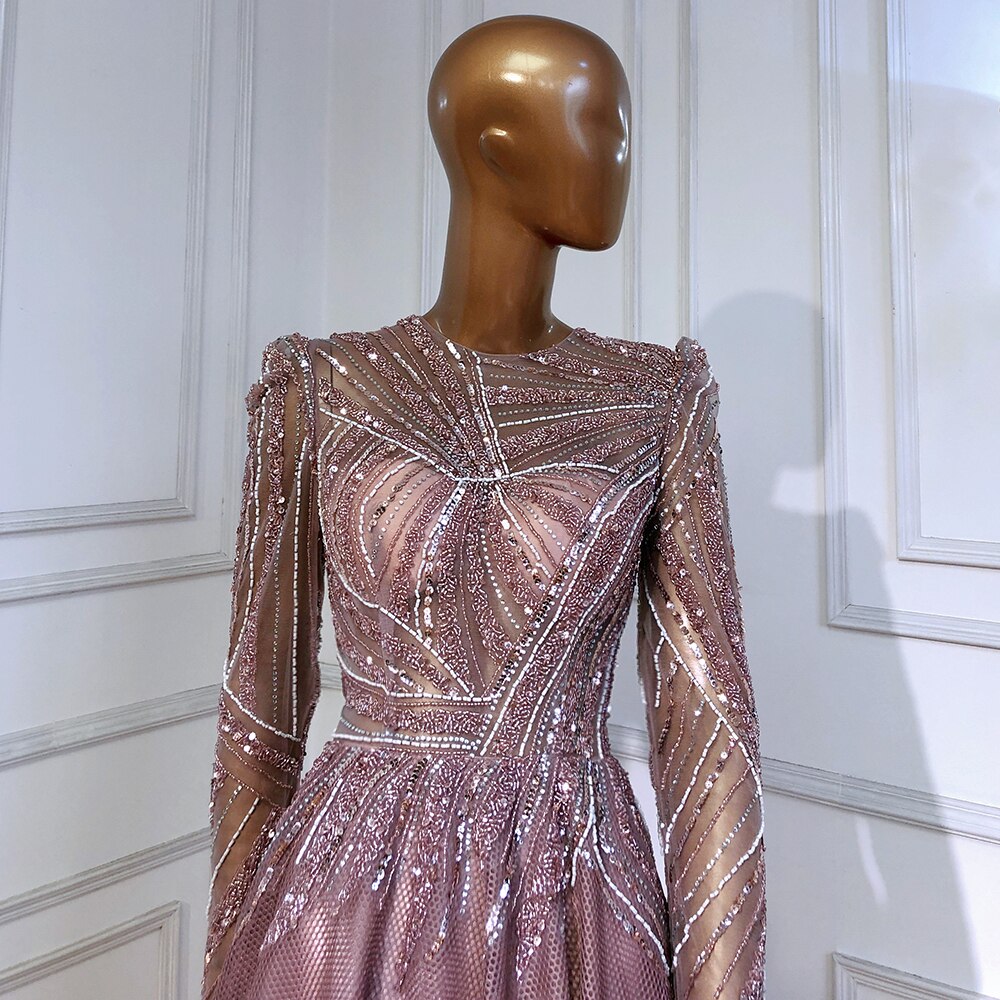 Muslim Pink Evening Dresses Gowns Beaded A-Line Luxury 2025 For Women Wedding Party LA71290L