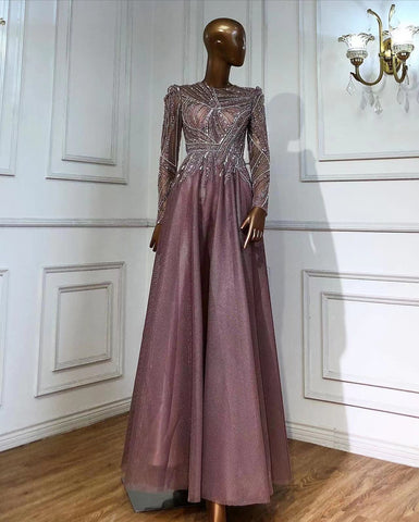 Muslim Pink Evening Dresses Gowns Beaded A-Line Luxury 2025 For Women Wedding Party LA71290L