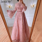 Muslim Pink Lace Beaded Evening Dresses Gowns 2025 A-Line Luxury For Women Wedding Party LA71247
