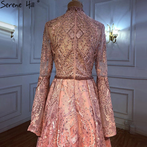 Muslim Pink Lace Beaded Evening Dresses Gowns 2025 A-Line Luxury For Women Wedding Party LA71247