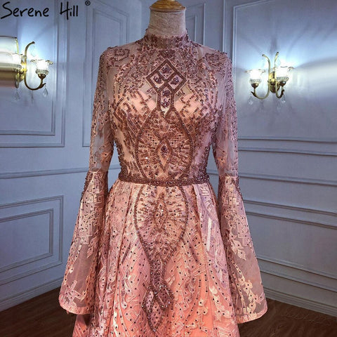 Muslim Pink Lace Beaded Evening Dresses Gowns 2025 A-Line Luxury For Women Wedding Party LA71247