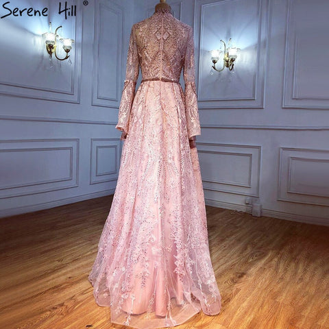 Muslim Pink Lace Beaded Evening Dresses Gowns 2025 A-Line Luxury For Women Wedding Party LA71247