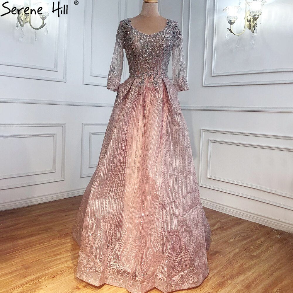 Muslim Pink Lace Beaded  Plus Size Crystal Evening Dresses Gowns 2025 A-Line Luxury For Woman Party  LA70773A