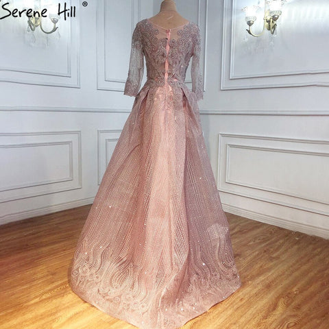 Muslim Pink Lace Beaded  Plus Size Crystal Evening Dresses Gowns 2025 A-Line Luxury For Woman Party  LA70773A