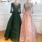 Muslim Pink Lace Beaded  Plus Size Crystal Evening Dresses Gowns 2025 A-Line Luxury For Woman Party  LA70773A