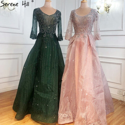 Muslim Pink Lace Beaded  Plus Size Crystal Evening Dresses Gowns 2025 A-Line Luxury For Woman Party  LA70773A