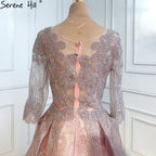 Muslim Pink Lace Beaded  Plus Size Crystal Evening Dresses Gowns 2025 A-Line Luxury For Woman Party  LA70773A