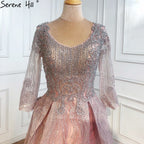 Muslim Pink Lace Beaded  Plus Size Crystal Evening Dresses Gowns 2025 A-Line Luxury For Woman Party  LA70773A