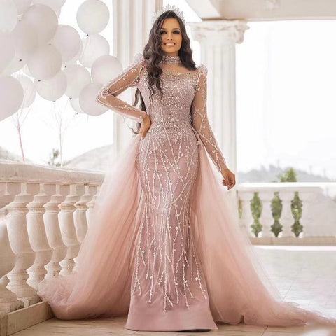 Muslim Pink Long Sleeve High Neck Luxury Beaded Evening Dresses Gowns 2025 Elegant Mermaid For Women Party  LA71721