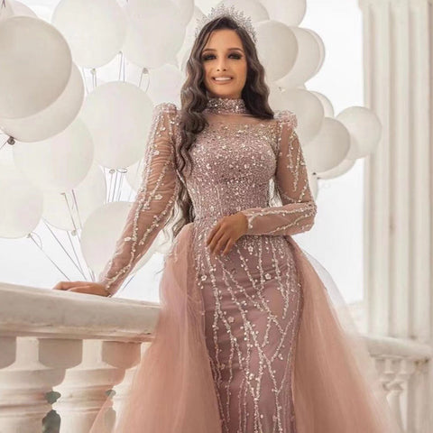 Muslim Pink Long Sleeve High Neck Luxury Beaded Evening Dresses Gowns 2025 Elegant Mermaid For Women Party  LA71721