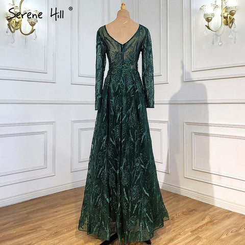 Muslim Pink Luxury Evening Dresses 2025 A-Line Beaded Long Sleeves For Women Party LA71311