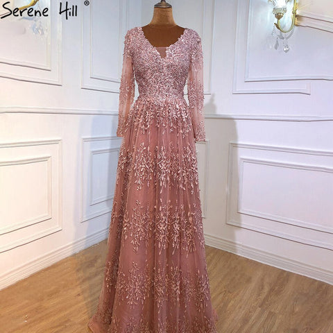 Muslim Pink Luxury Evening Dresses Gowns 2025 Long Sleeves Crystal A-Line For Women Party LA70729