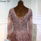 Muslim Pink Luxury Evening Dresses Gowns 2025 Long Sleeves Crystal A-Line For Women Party LA70729
