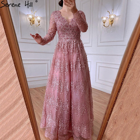 Muslim Pink Luxury Evening Dresses Gowns 2025 Long Sleeves Crystal A-Line For Women Party LA70729