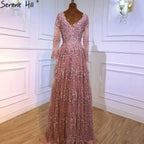 Muslim Pink Luxury Evening Dresses Gowns 2025 Long Sleeves Crystal A-Line For Women Party LA70729