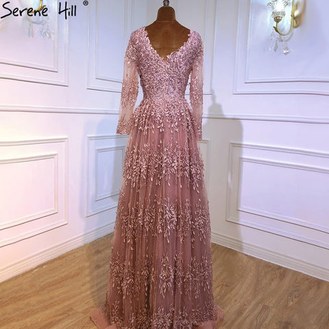 Muslim Pink Luxury Evening Dresses Gowns 2025 Long Sleeves Crystal A-Line For Women Party LA70729