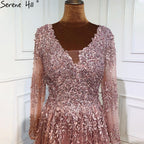 Muslim Pink Luxury Evening Dresses Gowns 2025 Long Sleeves Crystal A-Line For Women Party LA70729