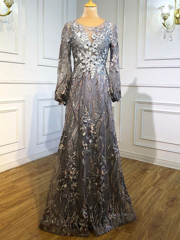 Muslim Pink Luxury Evening Gowns 2025 Flowers Crytsal Long Lantern Sleeves Formal Dress Design LA70779