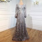 Muslim Pink Luxury Evening Gowns 2025 Flowers Crytsal Long Lantern Sleeves Formal Dress Design LA70779