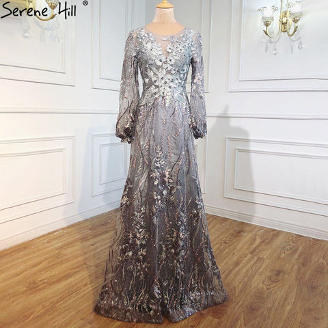 Muslim Pink Luxury Evening Gowns 2025 Flowers Crytsal Long Lantern Sleeves Formal Dress Design LA70779