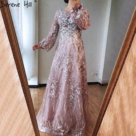 Muslim Pink Luxury Evening Gowns 2025 Flowers Crytsal Long Lantern Sleeves Formal Dress Design LA70779