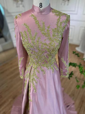Muslim Pink Mermaid Embroidery Satin Elegant Evening Dresses Gowns 2025 For Women Wedding Party LA72218