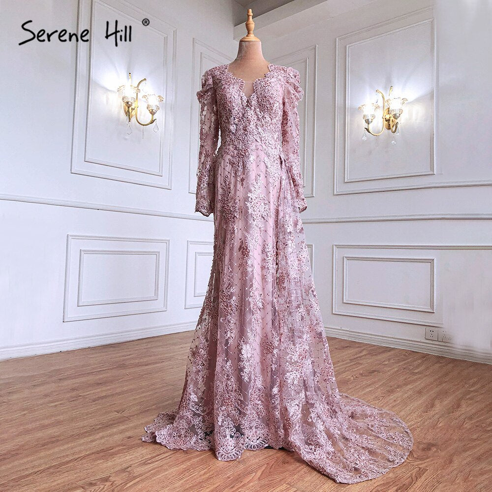 Muslim Pink Mermaid Lace Beaded  Luxury Evening Dresses  With Overskirt Gowns 2025  Crystal For Women Party LA71164
