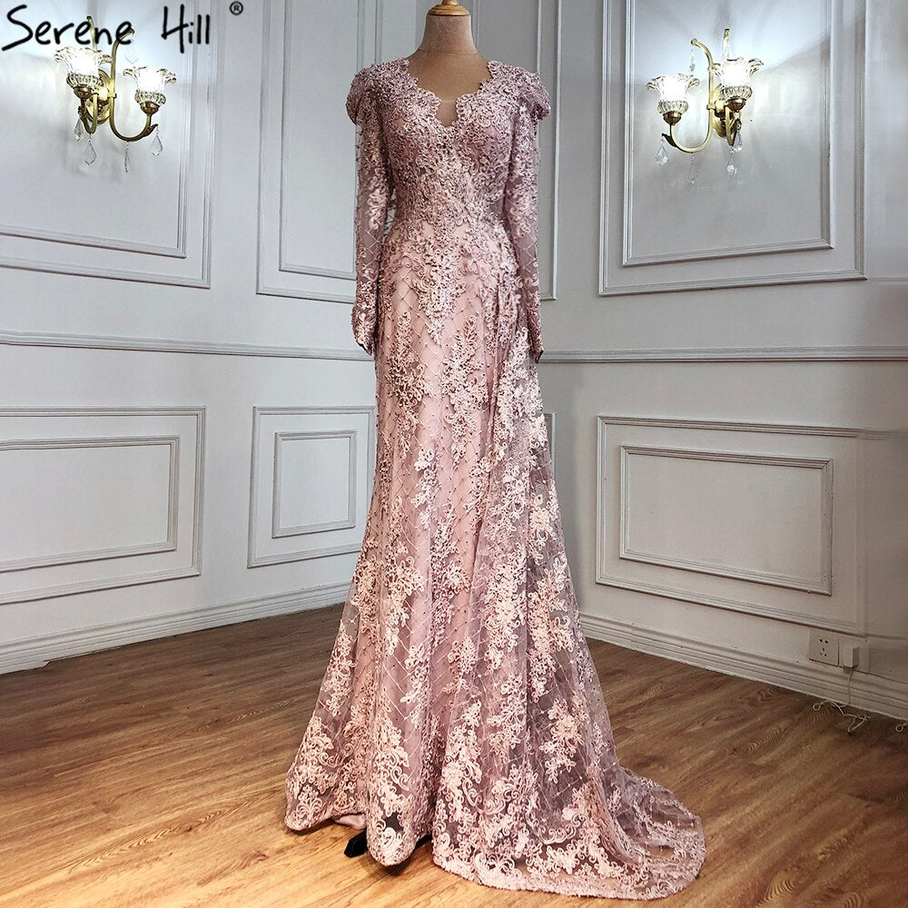 Muslim Pink Mermaid Lace Beaded  Luxury Evening Dresses  With Overskirt Gowns 2025  Crystal For Women Party LA71164