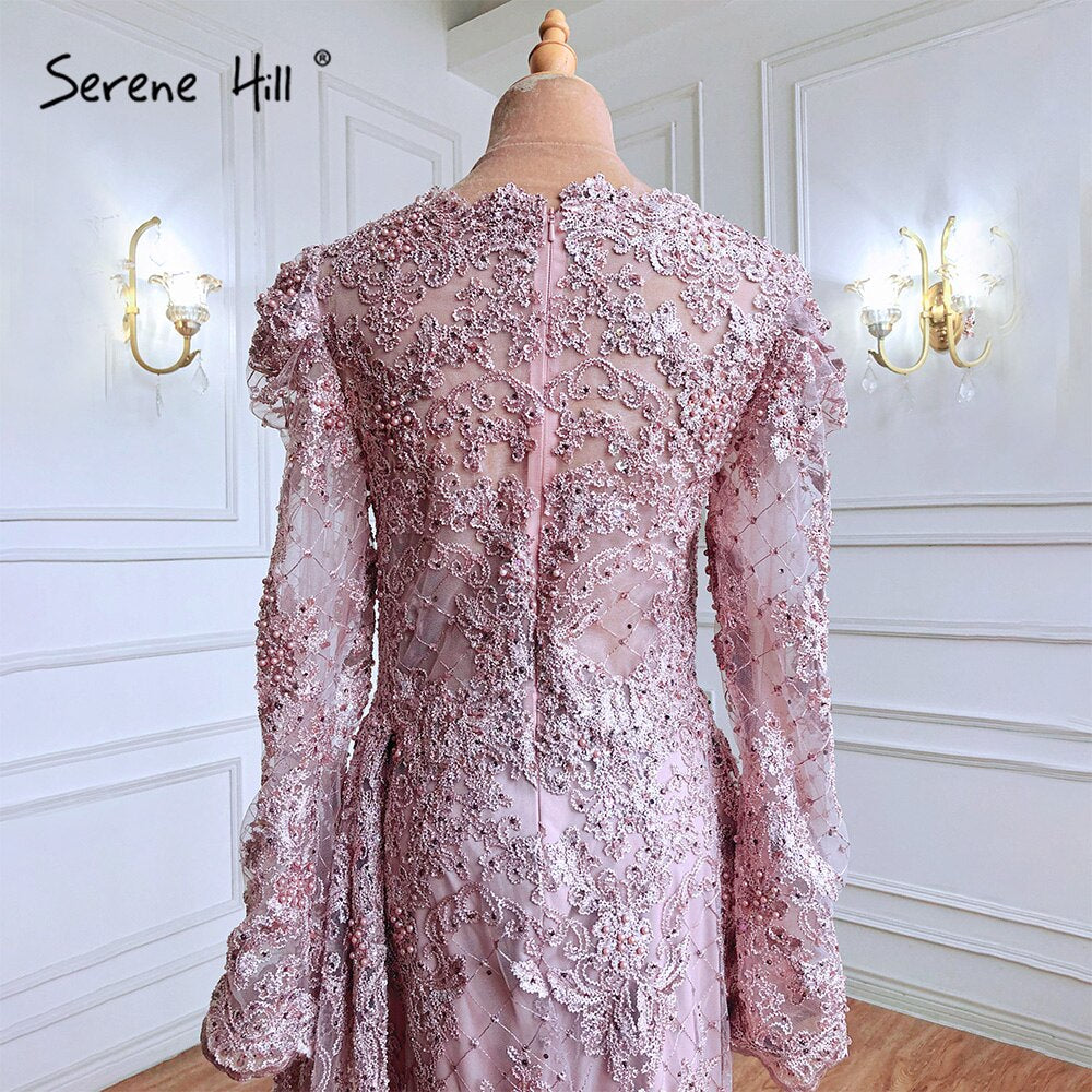 Muslim Pink Mermaid Lace Beaded  Luxury Evening Dresses  With Overskirt Gowns 2025  Crystal For Women Party LA71164