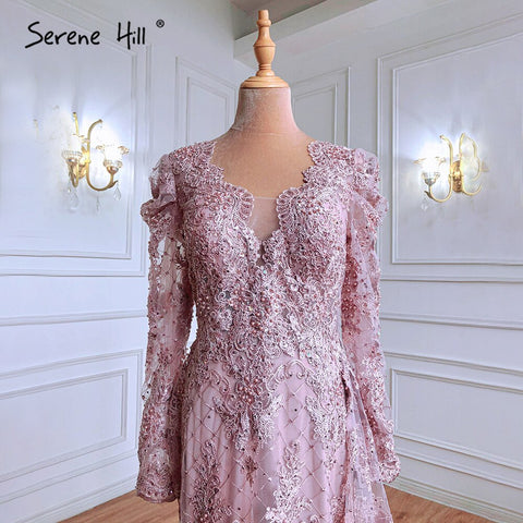 Muslim Pink Mermaid Lace Beaded  Luxury Evening Dresses  With Overskirt Gowns 2025  Crystal For Women Party LA71164
