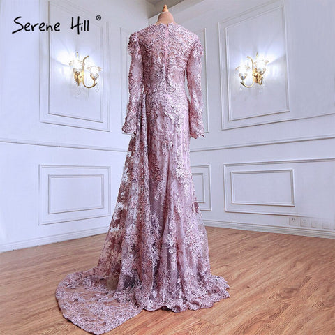 Muslim Pink Mermaid Lace Beaded  Luxury Evening Dresses  With Overskirt Gowns 2025  Crystal For Women Party LA71164