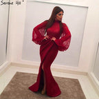 On Sale No Return No Refund Sale Muslim Pink Mermaid Lantern Sleeves Evening Dresses Gowns 2025 Split Elegant For Woman Party QA8002