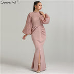 On Sale No Return No Refund Sale Muslim Pink Mermaid Lantern Sleeves Evening Dresses Gowns 2025 Split Elegant For Woman Party QA8002