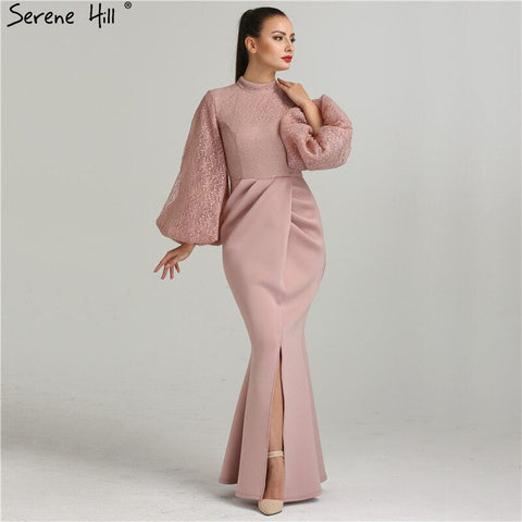 On Sale No Return No Refund Sale Muslim Pink Mermaid Lantern Sleeves Evening Dresses Gowns 2025 Split Elegant For Woman Party QA8002