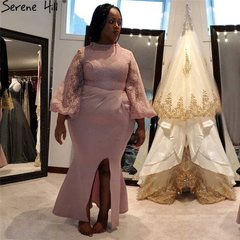 On Sale No Return No Refund Sale Muslim Pink Mermaid Lantern Sleeves Evening Dresses Gowns 2025 Split Elegant For Woman Party QA8002