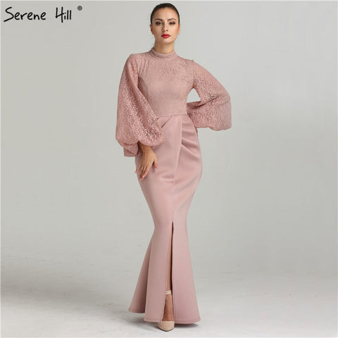 On Sale No Return No Refund Sale Muslim Pink Mermaid Lantern Sleeves Evening Dresses Gowns 2025 Split Elegant For Woman Party QA8002