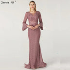 On Sale No Return No Refund Muslim Pink Mermaid Luxury Lace Beaded Pearls Long Sleeves Evening Dress Formal Party Gown 2025 Plus Size LA60813