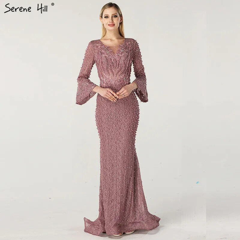 On Sale No Return No Refund Muslim Pink Mermaid Luxury Lace Beaded Pearls Long Sleeves Evening Dress Formal Party Gown 2025 Plus Size LA60813