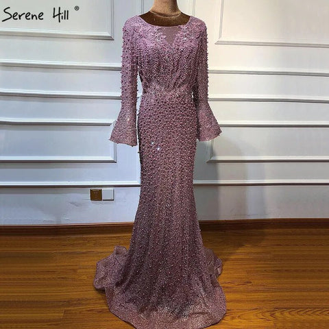On Sale No Return No Refund Muslim Pink Mermaid Luxury Lace Beaded Pearls Long Sleeves Evening Dress Formal Party Gown 2025 Plus Size LA60813
