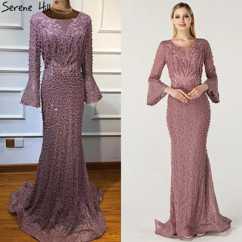 On Sale No Return No Refund Muslim Pink Mermaid Luxury Lace Beaded Pearls Long Sleeves Evening Dress Formal Party Gown 2025 Plus Size LA60813
