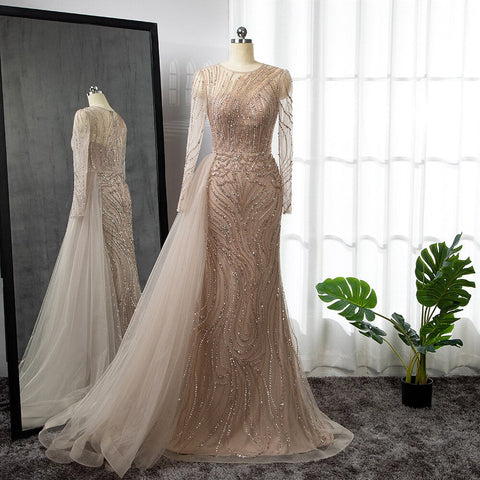 Vestido de noche largo de sirena rosa con falda, cuello redondo, elegante, con cuentas, de lujo, para mujer, fiesta, LA71673 